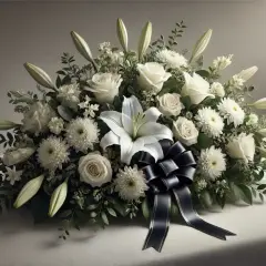 Białe róże, lilie i chryzantemy tworzą elegancką wiązankę na pogrzebie ewangelickim, ozdobioną granatową wstęgą.