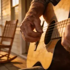 Starzec gra na gitarze na werandzie. W tle bujany fotel i zachodzące słońce. Melodia brzmi jak pieśń pogrzebowa "Żegnaj nam".