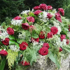 Bogaty wieniec z czerwonych róż i gipsówki, ozdobiony zielenią, stanowi elegancką oprawę dla wspomnień. Ceny wieńców pogrzebowych mogą się różnić.