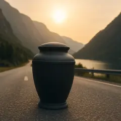 Ciemna urna na drodze w górach, symbolizująca zezwolenie na przewóz urny w podróży pożegnania.