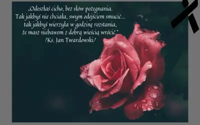 Róża z kroplami rosy, czarny symbol żałoby i cytat o śmierci przyjaciela: „Odeszłaś cicho, bez słów pożegnania...”.