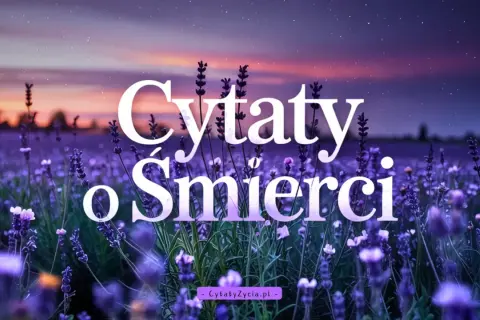 Lawendowe pole nocą, a na nim napis "Cytaty o śmierci". Jakby sama natura przypominała o przemijaniu.