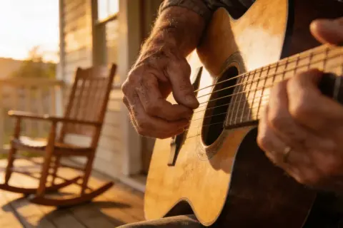 Starzec gra na gitarze na werandzie. W tle bujany fotel i zachodzące słońce. Melodia brzmi jak pieśń pogrzebowa "Żegnaj nam".