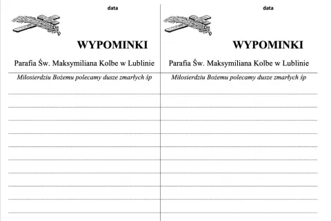 Wypominki parafii św. Maksymiliana Kolbe w Lublinie. "Miłosierdziu Bożemu polecamy dusze zmarłych śp" to tekst modlitwy.