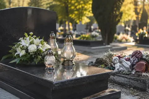 Białe kwiaty i znicze na nagrobku. Jak wyczyścić sztuczne kwiaty z cmentarza, by wyglądały jak nowe.