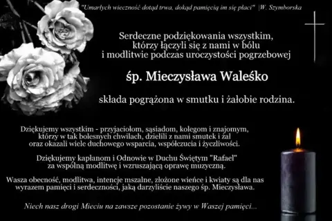 Czarno-białe róże i płonąca świeca. Podziękowania za obecność i modlitwę podczas pogrzebu śp. Mieczysława Waleśko.