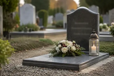 Wieniec z białych róż i iglastych gałązek, symbolizujący styl dekoracyjny we florystyce, spoczywa na płycie nagrobnej obok płonącej świecy.