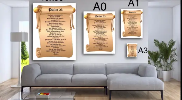 Dekoracja ścienna z tekstem psalm pogrzebowy. Zwoje z tekstem Psalmu 23 w różnych rozmiarach.