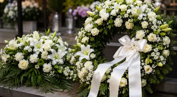 Elegancki wieniec i wiązanka pogrzebowa z białych róż i lilii, ozdobione zielenią i satynową wstęgą.