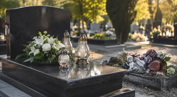 Białe kwiaty i znicze na nagrobku. Jak wyczyścić sztuczne kwiaty z cmentarza, by wyglądały jak nowe.