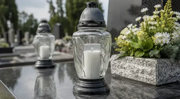 Zapalony znicz na kamiennym nagrobku, symbol pamięci i wiecznego światła. Obok bukiet białych kwiatów.