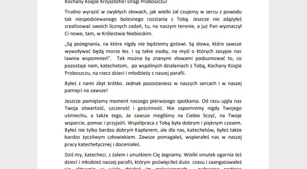 Wzór pożegnania zmarłego czytane przez księdza. List wyraża żal po odejściu proboszcza, wspominając jego dobroć i zaangażowanie w pracę z dziećmi i młodzieżą.