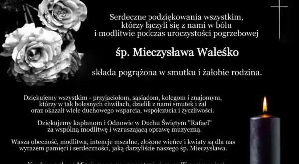 Czarno-białe róże i płonąca świeca. Podziękowania za obecność i modlitwę podczas pogrzebu śp. Mieczysława Waleśko.