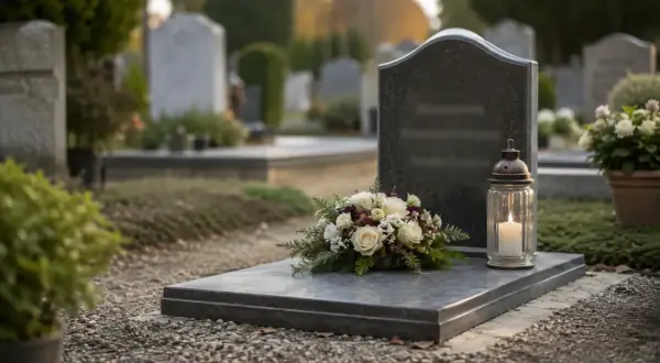 Wieniec z białych róż i iglastych gałązek, symbolizujący styl dekoracyjny we florystyce, spoczywa na płycie nagrobnej obok płonącej świecy.