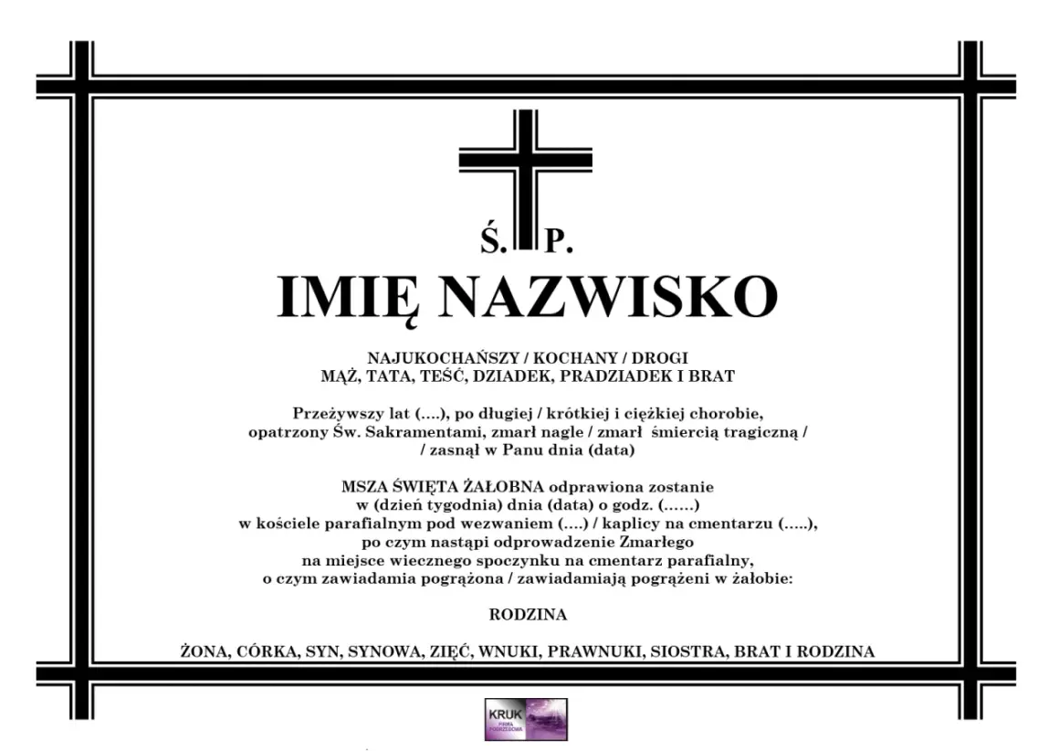 Klepsydra po pogrzebie z imieniem i nazwiskiem zmarłego, datą śmierci i informacją o mszy żałobnej.
