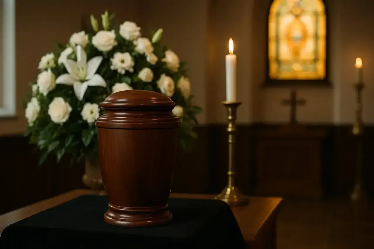 Drewniana urna, białe kwiaty i płonąca świeca. Może to symbolizuje, co czuje dusza podczas kremacji – spokój i przejście do światła.