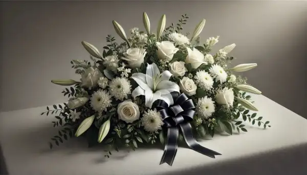 Białe róże, lilie i chryzantemy tworzą elegancką wiązankę na pogrzebie ewangelickim, ozdobioną granatową wstęgą.