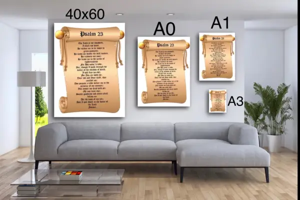Dekoracja ścienna z tekstem psalm pogrzebowy. Zwoje z tekstem Psalmu 23 w różnych rozmiarach.