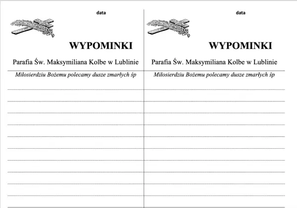 Wypominki parafii św. Maksymiliana Kolbe w Lublinie. "Miłosierdziu Bożemu polecamy dusze zmarłych śp" to tekst modlitwy.