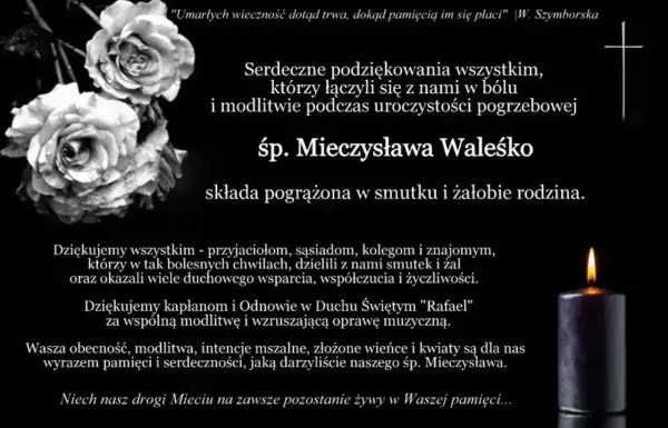 Czarno-białe róże i płonąca świeca. Podziękowania za obecność i modlitwę podczas pogrzebu śp. Mieczysława Waleśko.