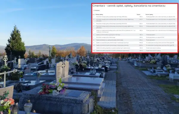 Cmentarz parafialny: cennik opłat, w tym opłata za przedłużenie miejsca na cmentarzu parafialnym. Widok na nagrobki i drzewa.
