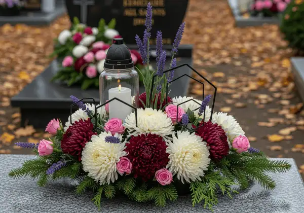 Kompozycje z żywych kwiatów na Wszystkich Świętych: bukiet z białych i bordowych chryzantem, róż, lawendy i świecy.